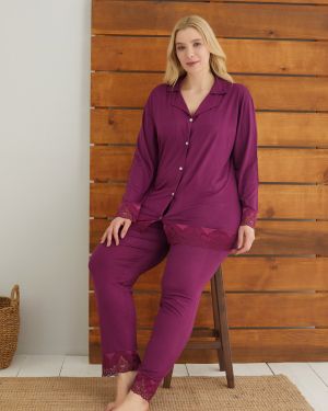 Kadın Büyük Beden Viskon Düğmeli Pijama Takımı
