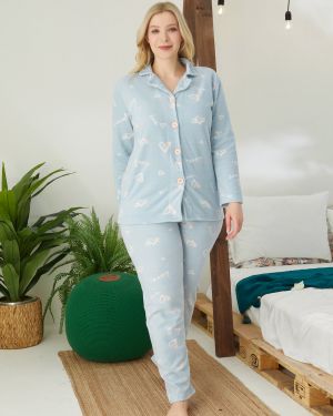 Kadın Büyük Beden Düğmeli Pijama Takımı
